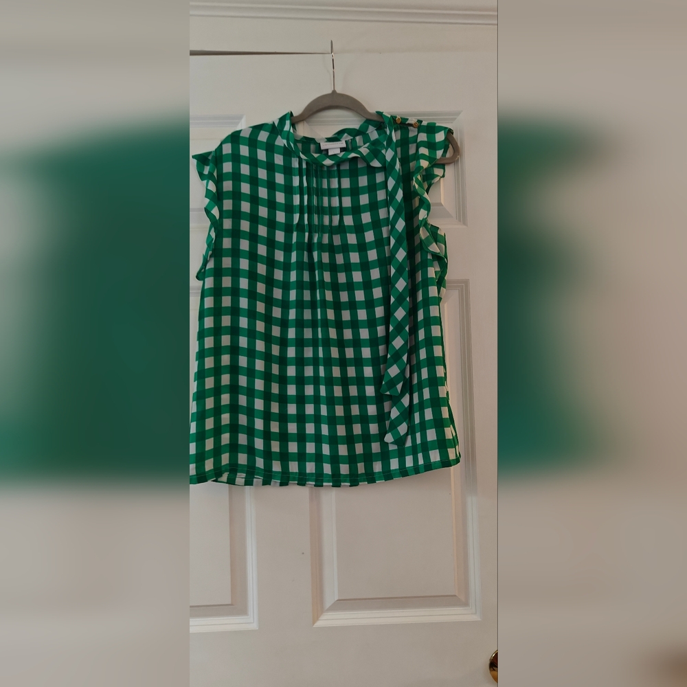 Liz Claiborne Green and White Checkered Top